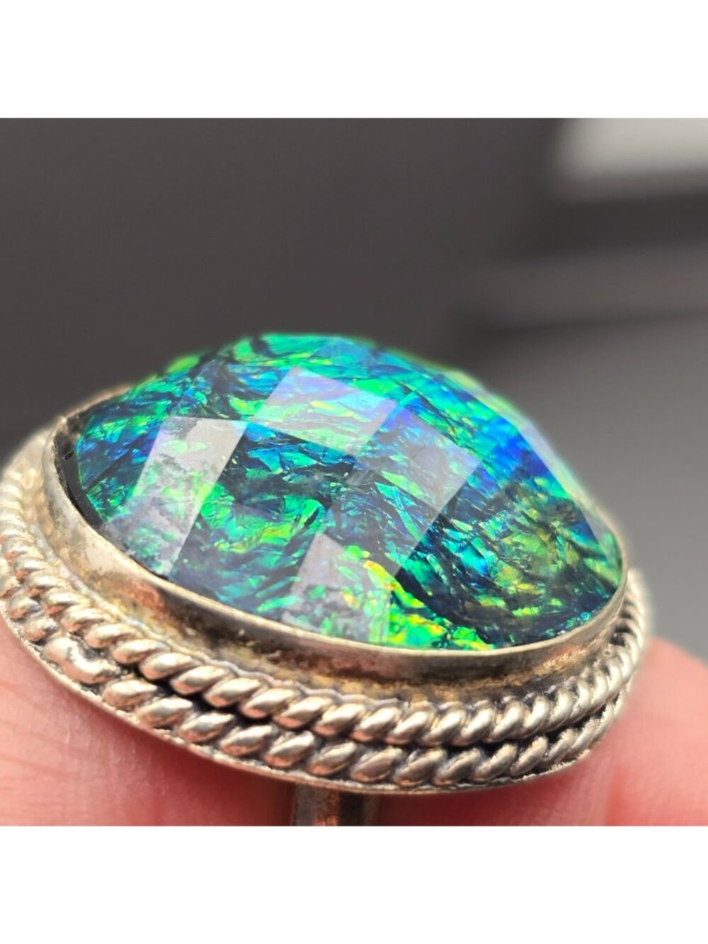 Vintage Sterling Silver Plated Dichroic Glass Ring Size 9.5 Bezel Rope Edge - Picture 8 of 13